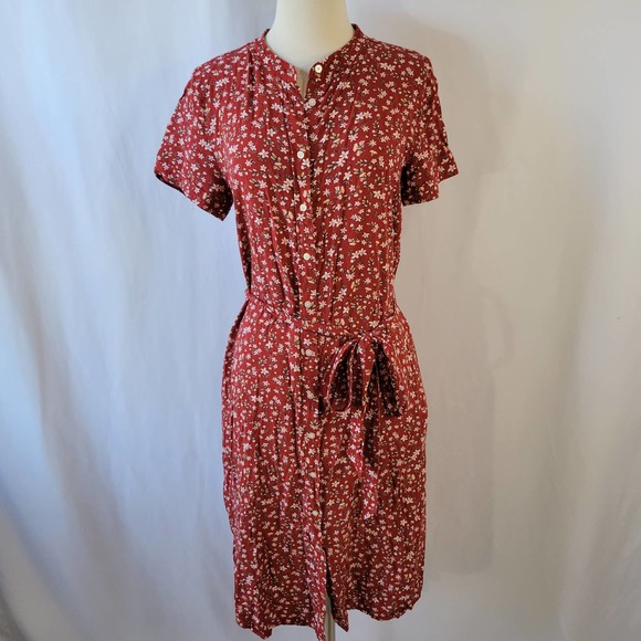 LOFT Dresses & Skirts - Loft Red Pink Floral Button Down Midi Shirt Dress Short Sleeve Belted Size 8